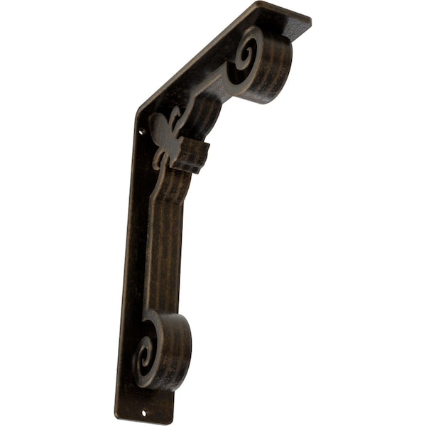 Ekena Millwork Fleur De Lis Wrought Iron Bracket, (Triple center brace), Antiqued Brass 2"W x 7 1/2"D x 10"H BKTM02X07X10TFLABS - main